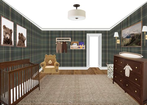 Plaid boys nursery Plaid Nursery Wallpaper, Plaid Boy Nursery, Green Plaid Nursery, Plaid Nursery Boy, Plaid Wallpaper Nursery, Plaid Boys Room, Ralph Lauren Nursery Baby Boy, Plaid Nursery, Country Nursery