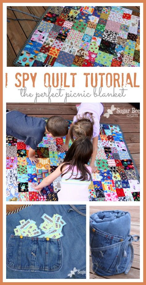 here's how to make an I Spy Quilt, with a great tutorial - - there are awesome picnic blankets, and I love how they entertain the kids on the sidelines Diy Tricot, I Spy Quilt, Childrens Quilts, Beginner Sewing Projects Easy, Bee Crafts, We Are The World, Quilting Tips, I Spy, Sewing Projects For Beginners