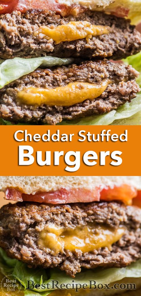 Cheddar Cheese-Stuffed Burgers-Juicy Lucy Hamburgers Cheeseburger Recipe | @bestrecipebox Cheeseburger Recipes Homemade, Juicy Lucy Burger, Hamburger Recipes Patty, Stuffed Burgers, Cheese Burgers, Cheddar Burger, Hamburgers Grilled, Cheeseburger Recipe, Juicy Lucy