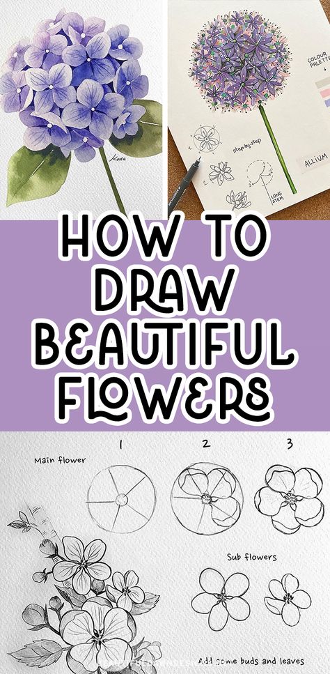 Practice Drawing Flowers, How To Draw Vintage Flowers, How To Draw Small Flowers Step By Step, Drawing Different Flowers, How To Draw Mums Flowers, Floral Drawing Tutorial, Step By Step Drawing Of Flowers, How To Draw Hyacinth Flower, Drawing Botanicals Tutorial