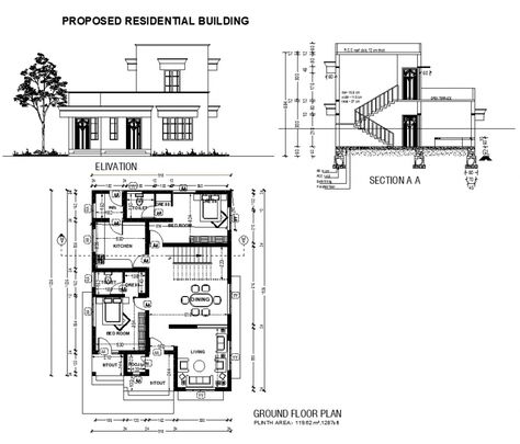 Housing building structure detail plan, elevation and section 2d view dwg file, plan view detail, wall and flooring detail, dimension detail, room dimension detail, hidden line detail, staircase detail, dining area detail, bedroom detail, sanitary toilet and bathroom detail, floor level detail, plinth area 1287s ft, pooja room detail, living room detail, front elevation detail, door and window detail, section line detail, section A-A detail, etc. Floor Plan Elevation Drawing, Plans And Sections Architecture, Plan Elevation Section Of House Autocad, Floor Plans With Elevations, Working Plan Architecture, Plan Section Elevation Drawings Of House, 2d Elevation Design In Autocad, Elevation 2d Drawing, Indian Building Design