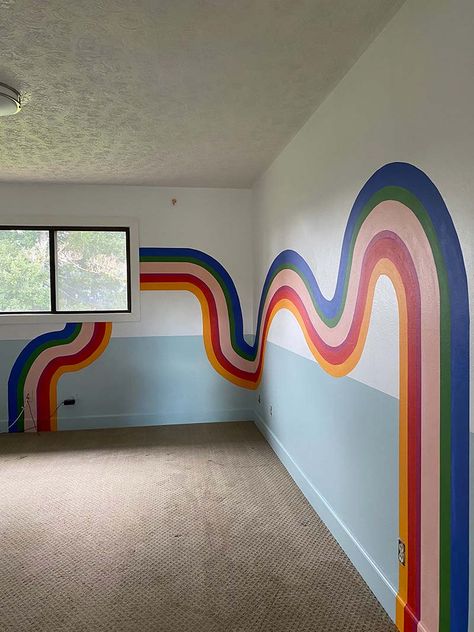 Coaster mural by Racheal Jackson of Banyan Bridges Mural Teenage Room, 90s Wall Mural, Retro Wall Paint Designs, Easy Wall Murals Bedroom, Mural Wall Art For School, Cool Murals For Bedrooms, Simple Wall Murals Painted, Squiggly Wall Paint, Art Room Wall Painting