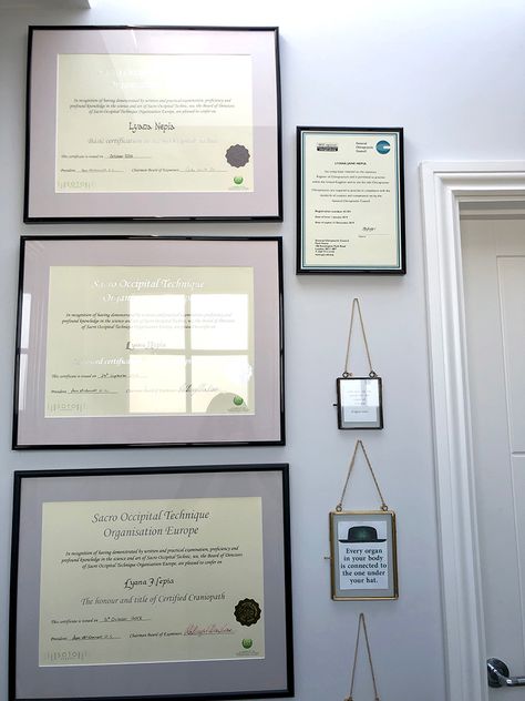 Certificate Frames On Wall, Office Certificate Wall Display, Certificate Wall Display Ideas Office, Degree Display Ideas, Wall Of Certificates, Degree Wall Display Ideas, Degree Wall Display Office, Diploma Wall Display Ideas Office, Framed Diploma Ideas