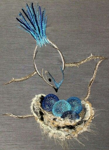 Embroidered Birds | creativeartworksblog Embroidered Birds, Textile Art Embroidery, Crewel Embroidery Kits, Bird Quilt, Embroidered Bird, Wool Embroidery, Bird Embroidery, Blue Birds, Silk Ribbon Embroidery