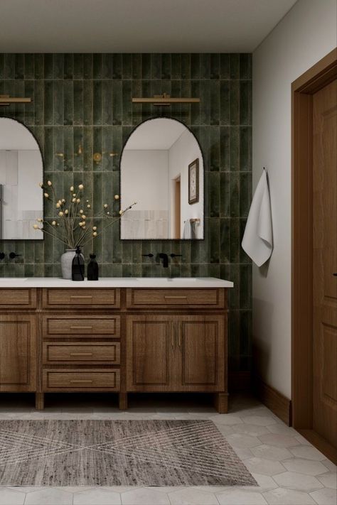 Why Modern Bathroom Suites Are a Must-Have for Your Home Master Bath Makeover, Brown Tile Bathroom, Master Bath Tile, Modern Master Bath, Green Tile Bathroom, Bath Makeover, Mid Century Modern Bathroom, Focal Wall, Brown Bathroom