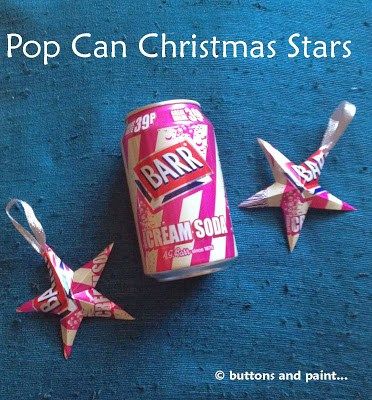 This is a great idea for all those soda and beer cans that you save because they have pretty graphics. Pop on over to the blog Buttons and Paint for the tutorial on how to make a five pointed dimen… Drinks Can Crafts, Soda Can Ornaments, Drink Can Crafts, Coke Can Crafts, Pop Can Art, Pop Can Crafts, 3d Stars, Soda Can Art, Soda Can Crafts