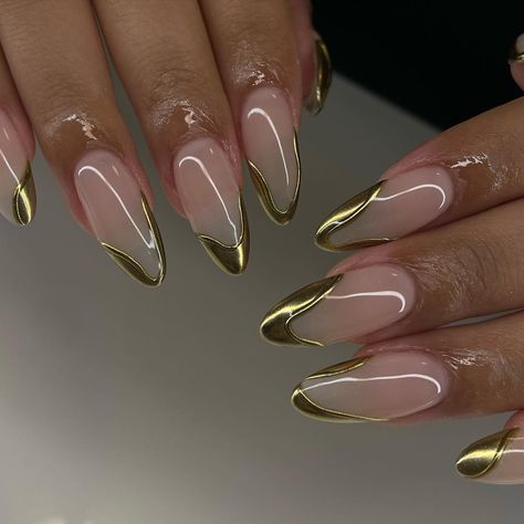 Gold😍🫣 #nails #gelx #nailsofinstagram #nailtech #nailsnailsnails #nailart #nailaddict #naildesigns #nailporn #nailjunkie #nailartist #nailinspo #nailideas #frenchies #vancouver #trend #chromenails #chrome Short Gold Chrome Nails, Gold Chrome Nail Designs, Gold Chrome Tips Nails, Gold Chrome Ombre Nails, Gold French Tip Almond Nails, Silver Chrome Tip Nails, Gold Chrome Nails Designs, Chrome Flower Nails, Nails With Gold Chrome