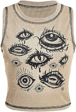 Slim Fit Crop Top, Sleeveless Tops Summer, Eye Print, Grunge Goth, Crop Tank Top, Swaggy Outfits, Sleeveless Crop Top, Really Cute Outfits, Print Tank