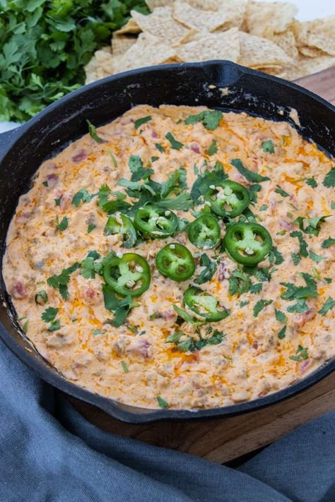 Skillet Queso Cast Iron Dips, Restaurant Cheese Dip, Skillet Queso, Skillet Dip, Queso Dip Recipes, Chili Dip, Easy Dip, Queso Recipe, Spicy Seasoning