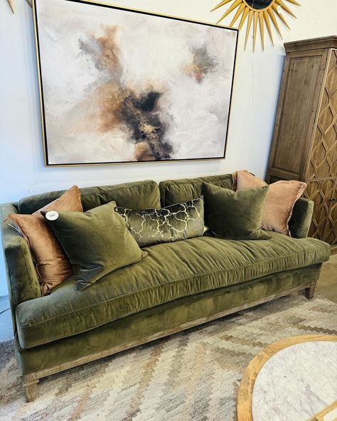 We carry such a wide variety of sofas! Not only do we have our luxe fluffy Teddy sofa, we also have our stunning vintage velvet options, and our top grain Italian ones! We also carry a fully customizable line. ❤️ #sofas #couch #velvet #velvetfurniture #livingroomfurniture #livingroom #livingroomdesign #chaiselounge #chaise #dfwdesigner #olivegreensofa #olivegreen #interiordesign #interiordesigner #rockwalltexas #rockwalltx Vintage Sofas Living Room, Olive Green And Brown Living Room, Olive Green Sofa Living Room Ideas, Vintage Green Sofa, Olive Green Couch Living Room Ideas, Olive Green Couch, Olive Green Sofa, Olive Green Couches, Velvet Sofa Living Room