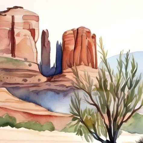 Digital Artisan Inc on Instagram: "Watercolor Sedona, Arizona Wall Art This Arizona landscape stretched canvas wall art is available at my Etsy shop as a POD (print on demand) item. Regarding the digital image, I'm happy to discuss customization! #sedonaarizona #sedona #nationalpark #arizona #arizonawatercolor #arizonahiking #arizonaart #watercolorart #watercolorwallart" Arizona Illustration Art, Sedona Watercolor, 2023 Watercolor, Paintings Tutorials, Learn Watercolor Painting, Arizona Landscape, Desert Colors, Learn Watercolor, Painting Activities