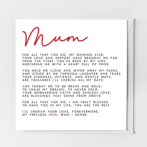 A heartfelt birthday card for mum The top of the card can be personalised with any wording you would like. Simply let us know in the personalisation box what wording you would like on it e.g. Mummy- Printed on 330gsm smooth white cardstock- Includes a white envelope- Arrives blank inside for you to handwrite your own message- Card measures 14.8cm x 14.8cm (approximately 6 x 6") not given 330gsm Card Mum Poems, Birthday Cards For Mum, White Envelope, Stationery Cards, Message Card, Stand By Me, Stationery Supplies, White Envelopes, Card Stock