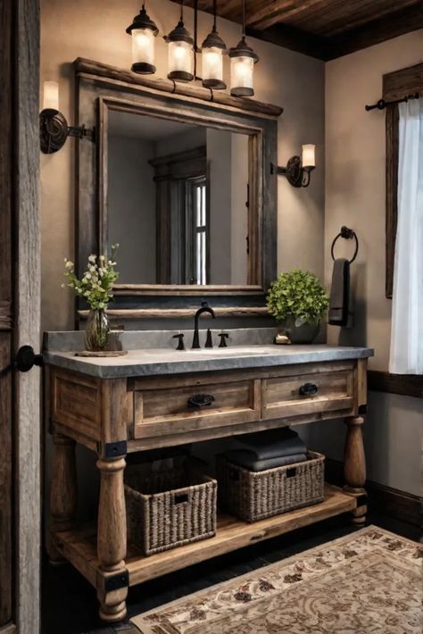 Rustic bathroom vanity made of reclaimed wood Rustic Bathroom With Makeup Vanity, Gothic Farmhouse Decor Bathroom, Modern Rustic Bathroom Vanity, Ideas For Bathroom Vanities, Masculine Guest Bathroom, Moody Rustic Bathroom, Rustic Wood Bathroom Vanity, Brown And Tan Bathroom Ideas, Log Cabin Bathroom Vanity