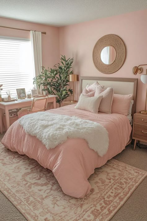 Pink White And Brown Bedroom, Light Pink And Neutral Bedroom, Bedroom Ideas In Pink, Light Pink And Cream Bedroom, Light And Bright Bedroom Ideas, Boho Blush Pink Bedroom, Peachy Pink Bedroom, Pink And Ivory Bedroom, Pastel Pink Bedroom Ideas