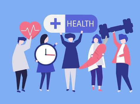 Charactes of people holding health icons... | Premium Vector #Freepik #vector #healthy #lifestyle #fitness-food #health Public Health Illustration, Health Care Design Graphics, Health Care Illustration, Public Health Quotes, Health Belief Model, Community Health Nursing, Public Health Nurse, Presentation Pictures, Netflix Hacks