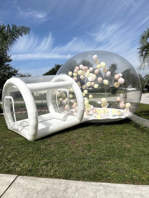 If you have a bubble house at your wedding, you're guaranteed two things: gorgeous pictures and lots of smiling faces 🤩 Bubble House Gender Reveal, White Bounce House With Balloons, White Bounce House With Ball Pit, Blue Bounce House, Inflatable Bounce House Business, Bubble House, New Every Morning, Sea Baby Shower, 13th Birthday Parties