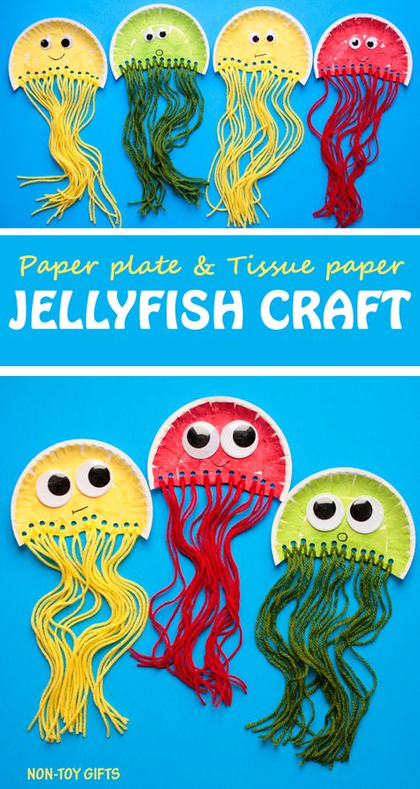 Paper plate jellyfish craft for kids. It uses tissue paper and yarn. Great ocean craft for preschoolers and kindergartners. | at Non-Toy Gifts Jellyfish Craft For Kids, Kunst For Barn, Paper Plate Jellyfish, Sea Animal Crafts, Ocean Craft, Ocean Theme Crafts, Ocean Animal Crafts, Jellyfish Craft, Aktiviti Kanak-kanak