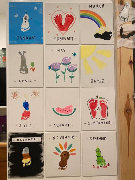 Infant Crafts For Grandparents, Monthly Footprint Calendar, One Year Old Painting Ideas, Newborn Arts And Crafts Diy, Infant Painting Ideas Hand Prints, Seasonal Handprint Art, Handprint Art Calendar, Crafts For One Year Olds Simple, Hand And Footprint Calendar