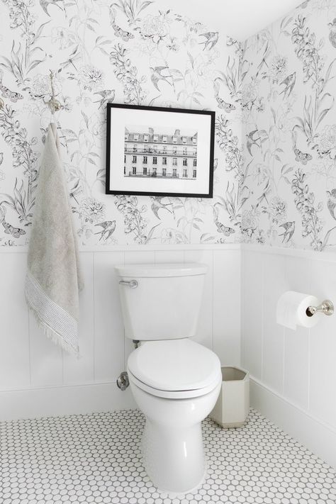 Two Bathrooms: A Kid's + A Powder - Studio McGee Shiplap Bathroom, Decorating Bathroom, Downstairs Toilet, Cottage Bathroom, Bad Inspiration, Downstairs Bathroom, Bathroom Wallpaper, Grey Bathrooms, Bathroom Renos