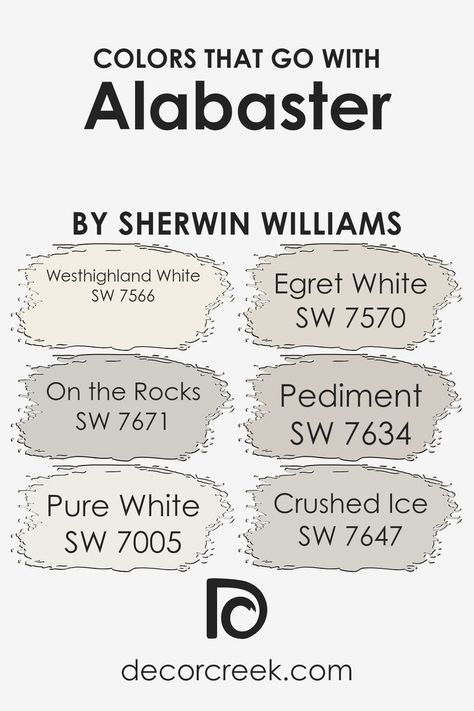 Colors that Go With Alabaster SW 7008 by Sherwin Williams Sherwin Williams Alabaster White, Off White Paint Colors, Egret White, White Interior Paint, Painting Trim White, Sherwin Williams Alabaster, Alabaster Color, Trim Paint Color, Sherwin Williams White