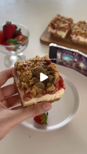 aymen on Instagram: "strawberry cheesecake bars! i’ve been baking a lot these days but more savoury recipes are also coming soon!! recipe for these strawberry cheesecake bars are up on my blog (or comment ‘strawberry cheesecake’ and i’ll dm you the link) <3 

#strawberrycheesecake #strawberries #cheesecake #strawberrydessert #baking #bakingtherapy" Strawberries Cheesecake, Strawberry Cheesecake Bars, Savoury Recipes, Strawberry Desserts, Cheesecake Bars, Strawberry Cheesecake, Cookie Bars, Savoury Food, Strawberries