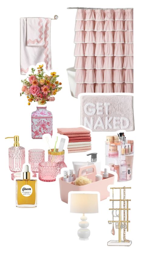 Cute Bathroom College, College Bathroom Inspiration, Bathroom Inspo College, Pink Dorm Bathroom Ideas, Cute College Apartment Ideas Bathroom, College Dorm Room Bathroom Ideas, Cute Dorm Bathrooms, Pink And White Bathroom Aesthetic, Bathroom College Apartment