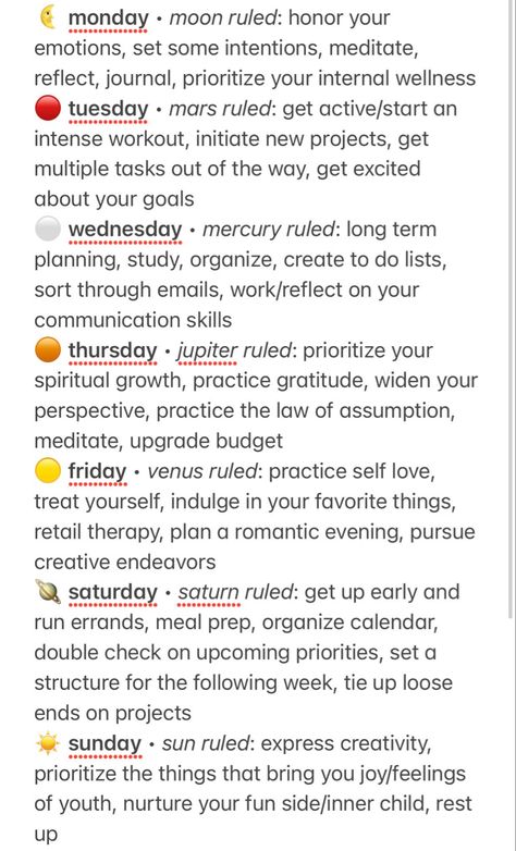 If you know the days of the week in spanish, you'll see how they are named after the ruling planet. I try my best to live my days & weeks with this planetary energy in mind 💫 credit unknown Chakras Days Of The Week, Spiritual Days Of The Week, Days Of The Week Witchcraft, Colors For Days Of The Week, Witch Days Of The Week, Astrology Days Of The Week, Magical Days Of The Week, Days Of The Week Spiritual Meaning, Witchy Days Of The Week