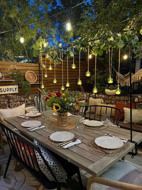 Garden Table Lighting Ideas, Lights Over Picnic Table, Hanging Decor Over Table, Patio Decorating Ideas Lights, Over The Table Decorating Rod, Over The Table Flower Rod, Table Rod Decoration, Decorating Rod For Table, Outdoor Garden Party Ideas Decoration