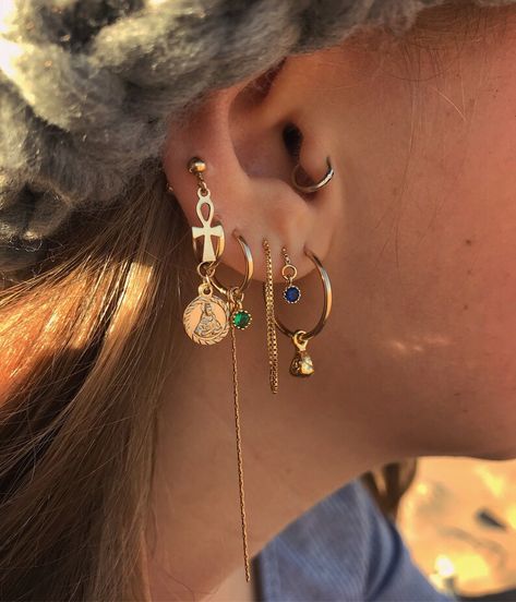 Gold Ankh Stud Earring Gold Stud Earring - Etsy Australia Cool Ear Piercings, Pretty Ear Piercings, Cute Ear Piercings, Gold Filled Hoops, Dope Jewelry, Funky Jewelry, Jewelry Lookbook, Ear Rings, Jewelry Inspo