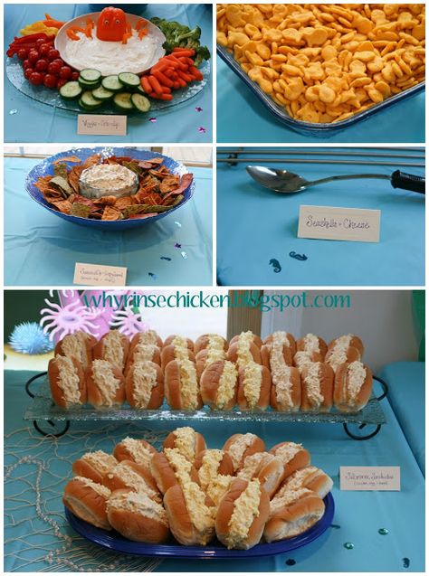 Under the Sea/Mermaid 3rd Birthday Party Food. Octo-dip, goldfish, seaweed dip and chips, seashells and cheese, and submarine sandwiches. 3rd Birthday Party Food, Under The Sea Food Ideas, Mermaid 3rd Birthday Party, Under The Sea Birthday Party Food, Under The Sea Themed Food, Ocean Themed Party Food, Seaweed Dip, Under The Sea Party Food, Dip And Chips