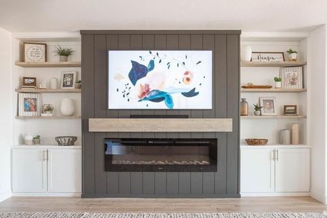 Bump Out Fireplace And Tv Wall, Recessed Tv Over Fireplace Built Ins, Fireplace Bump Out With Built Ins, Tv Fireplace Bump Out, Vertical Shiplap Tv Accent Wall, Fireplaces With Cabinets On Each Side, Tv With Cabinets On Each Side, Vertical Shiplap Behind Tv, Tv Fireplace Wall Ideas Built Ins Shiplap