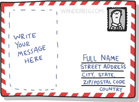 An illustration of a ready to mail postcard showing where to write the address, where to place the stamp, and where to write a personal message to the recipient. Post Card Messages Ideas, Postcard Writing Ideas, Postcard Messages, Postcard Design Ideas, Mail Illustration, Postcard Examples, Postcard Writing, Postcards Inspiration, Postcard Ideas