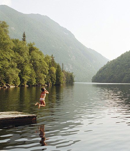 Keene Valley in the Adirondack Mountains Lake House Life Aesthetic, Swimming At The Lake, Vermont Lake House, Creek Swimming Aesthetic, Lake House Summer Aesthetic, Summer Lake House Aesthetic, Lake Dock Aesthetic, Lake House Aesthetic Summer, Summer Cabin Aesthetic