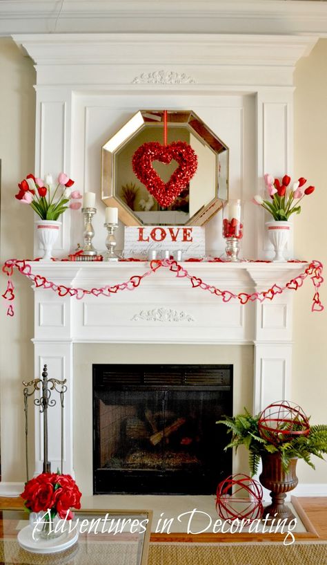 Adventures in Decorating: Our Valentine Mantel Valentine Mantel, Family Valentines Day, Holiday Mantel, Diy Valentines Decorations, Diy Valentine, Valentine's Day Quotes, My Funny Valentine, Cute Diy, Sweet Valentine