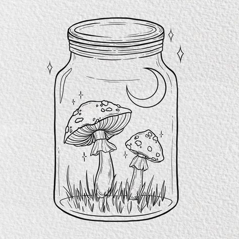 Two mushrooms in a jar with the moon cute art for a tattoo Easy Drawings Fairycore, Flowers In Jars Drawing, Mushroom Witch Tattoo, Mushroom Terrarium Drawing, Mushroom Drawing Fairy, Fairy Design Drawing, Cottagecore Drawing Aesthetic, Mushroom Art Sketch, Magic Jar Drawing