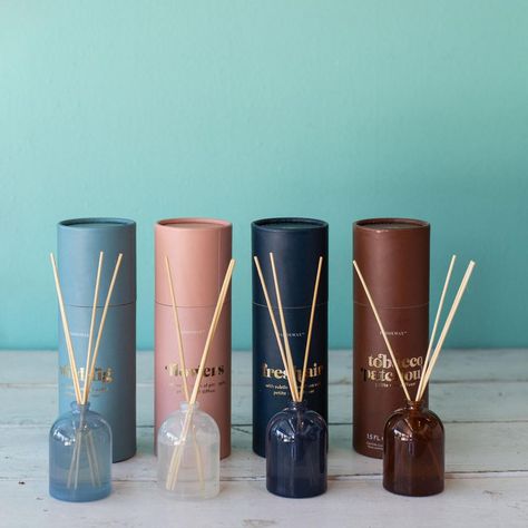 Think about the corners of your home that could use a little olfactory pick-me-up. Now, picture these charmingly petite diffusers nestled in next to a plant, a pen cup or a stack of puzzles! Inviting these intriguing fragrance stories — like wild fig, flowers, fresh air and tobacco patchouli — into your nose and into your home will enrich and elevate your space. You can even repurpose their milky glass bottles as little blossom vases! Details: 1.5 oz of high quality scented essential oils4 natur Luxury Diffuser Packaging, Room Diffuser Packaging, Home Fragrance Packaging, Diffuser Bottle Design, Diffuser Packaging Design, Reed Diffuser Design, Diffuser Packaging, Reed Diffuser Packaging, Room Fragrance Diffuser