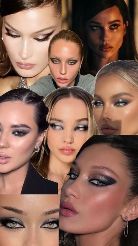 Sliver Black Eyeshadow, Black Eye Looks Make Up, Black Eyeshadow With Silver Glitter, Grey And Silver Eyeshadow, Silver Eyeshadow Black Women, Platinum Makeup Looks, Black Sparkle Eyeshadow, Black Silver Smokey Eye, Silver Chrome Eyeshadow