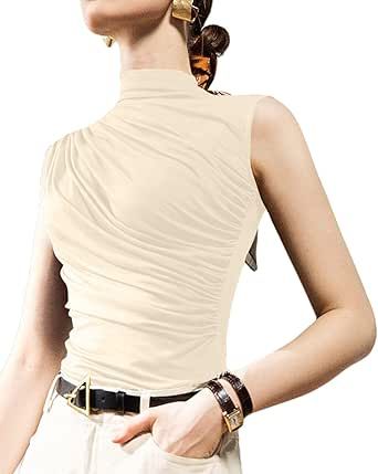 Avanova Women Mock Neck Sleeveless Tank Top Ruched Fitted Elegant Blouse Shirt Turtleneck Tank Top, Ruched Shirt, Flattering Tops, Sleeveless Turtleneck, Stretchy Tops, Elegant Blouses, Mock Turtleneck, Blouse Shirt, Sleeveless Tank Top