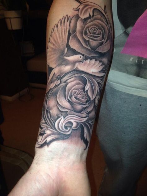 Grey Roses and Flying Dove Tattoo On Right Sleeve Dove And Rose Tattoo, Tattoo Japanese Style, Dove Tattoos, Rose Tattoos For Men, Dove Tattoo, Super Goku, Full Sleeve Tattoo Design, Forarm Tattoos, Forearm Sleeve Tattoos