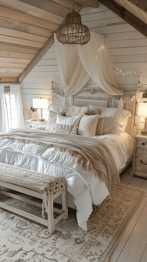 30+ Cozy Cottage Bedroom Decor Ideas For Your Home Romantic Headboard Ideas, French Country Blue Bedroom Ideas, Winter Cottage Bedroom, Master Bedrooms Decor Relaxing, Neutral Cottage Bedroom, White Bed Frame Aesthetic, Farmhouse Chic Bedroom Ideas, King Headboard Ideas Master Bedrooms, Victorian Era Bedroom