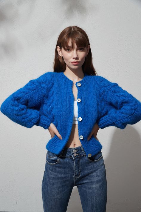 Blue Cardigan Outfit, Feminine Cardigan, Mohair Cable Knit, Aqua Sweater, Knitwear Inspiration, Woman Sweater, Glendale Az, Mohair Yarn, Button Front Cardigan