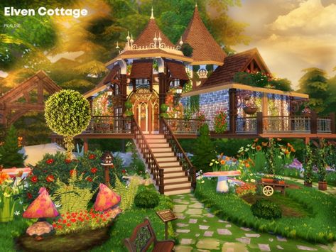 Pralinesims' Elven Cottage Sims 4 Elven House, Sims 40x30 House, Garden Cc Sims 4, Cottage Core Sims 4, Elven Cottage, Cottage Core Sims 4 Cc, Sims 4 Residential Lots, Sims 4 Cottage, Cottage Core House