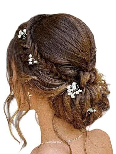 Bridesmaid Gypsophila Hair, Low Updo Wedding Hair With Flowers, Wedding Hair White Flowers, Hairstyle With Baby Breath, Bridal Hair Baby Breath, Baby's Breath In Hair, Wedding Hair With Baby Breath, Flowery Hairstyle, Bridesmaid Hair With Flowers