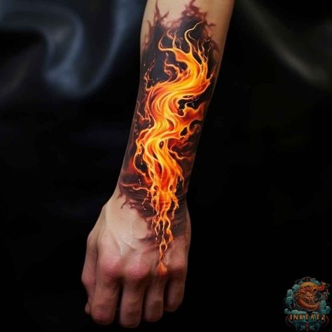 Realistic Fire Tattoo, Dragon Breathing Fire Tattoo, Fire Tattoo For Men, Fire Arm Tattoo, Flame Tattoos For Men, Fire Breathing Dragon Tattoo, Elemental Tattoos, Embers Tattoo, Wave Tattoo Foot