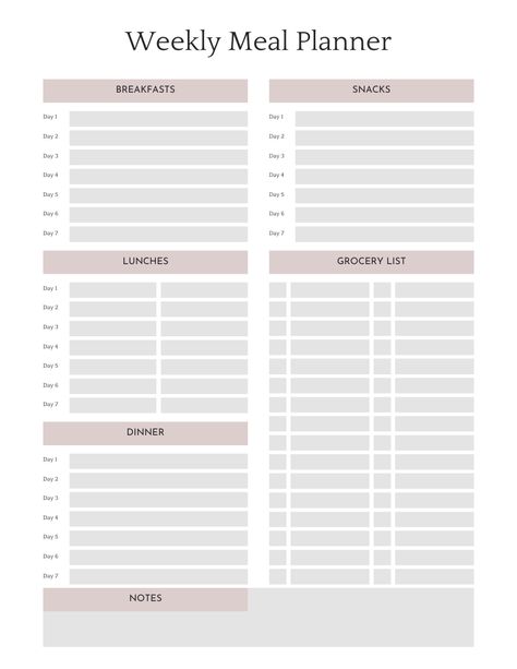 . #Organisation #Essen #Blank_Weekly_Meal_Plan_Template #Meal_Planning_Organization Blank Weekly Meal Plan Template, Meal Planning Organization, Budget Meal Planner, Grocery Meal Plan, Meal Prep Weekly Planner, How To Meal Plan For The Week, Meal Categories, Monthly Meal Planning Printable, Meal Plan For Family