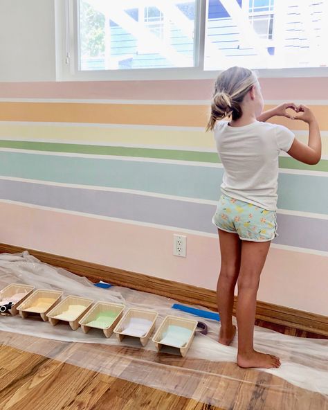 How to Paint a Rainbow Wall (and Fence!) - Kristin Dion Design Rainbow Wall Diy, Rainbow Bedroom, Stripe Wall, Big Girl Bedrooms, Toddler Girl Room, Rainbow Room, Girl’s Room, Playroom Wall, Rainbow Wall