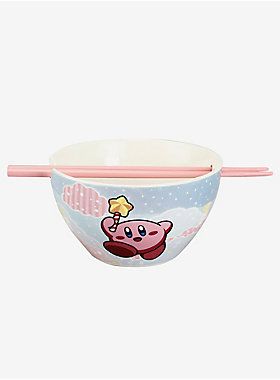 Kirby Ramen Bowl With Chopsticks Kirby Stuff, Star Wand, Kitchen Bowls, Ramen Bowl, Pink Plastic, Dishwasher Racks, Chopsticks, The Clouds, Kirby