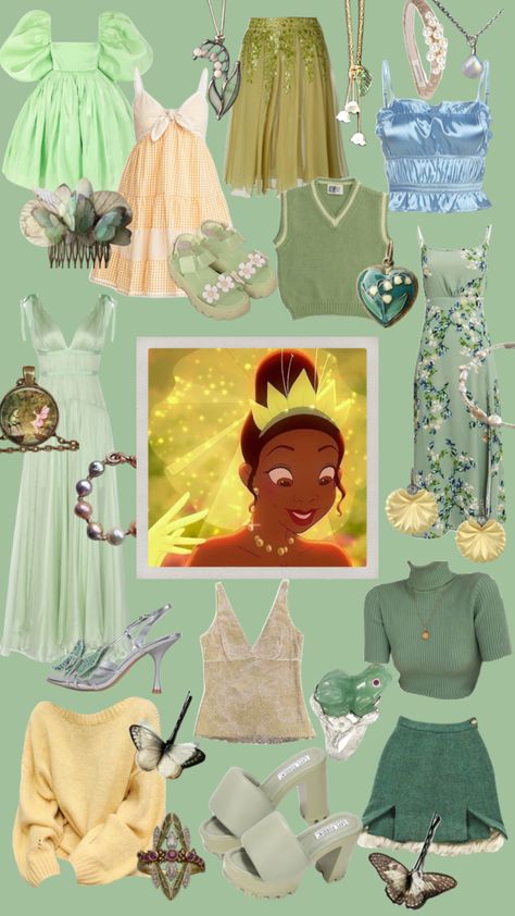 Tiana #disney #disneyprincess #princessandthefrog #tiana #green #outfitinspo #disneybound #disneyfashionseries Tiana Princess Fashion, Disney Princess Outfit Ideas Tiana, Princess Tiana Themed Outfit, Tiana Themed Outfit, Tiana Bounding Outfits, Tiana Inspired Outfits Casual, Princess Tiana Aesthetic Outfit, Tiana Aesthetic Outfit, Princess Tiana Outfit Ideas Casual