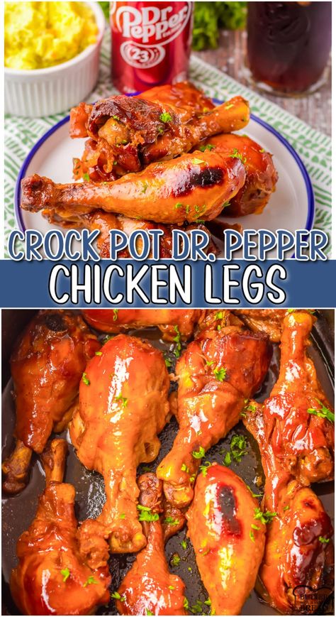 CROCK POT DR.PEPPER CHICKEN LEGS - Butter with a Side of Bread Dr Pepper Crock Pot Chicken, Crockpot Drumsticks Easy, Drumstick Crockpot Recipes, Chicken Legs In Crockpot, Bbq Chicken Legs Crockpot, Chicken Legs In The Crock Pot, Crockpot Chicken Leg Recipes, Pepper Ideas, Dr Pepper Chicken