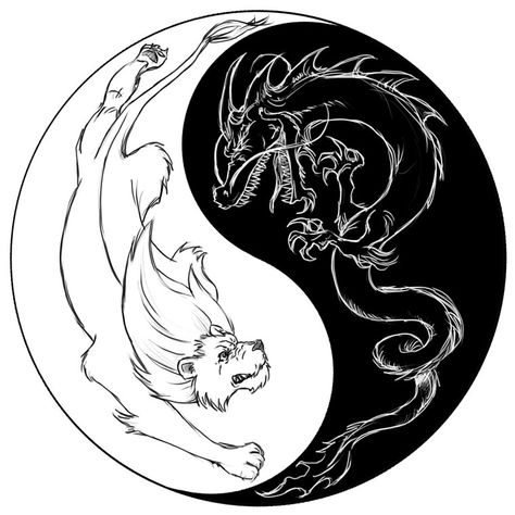 Coloriage Ying et Yang Dragon And Lion Tattoo, Lion Dragon Tattoo, Tattoo Yin Yang, Dragon And Lion, Lion Tattoo Meaning, Dragon Tattoo Meaning, Lion Dragon, Ying Yang Tattoo, Tiger Dragon